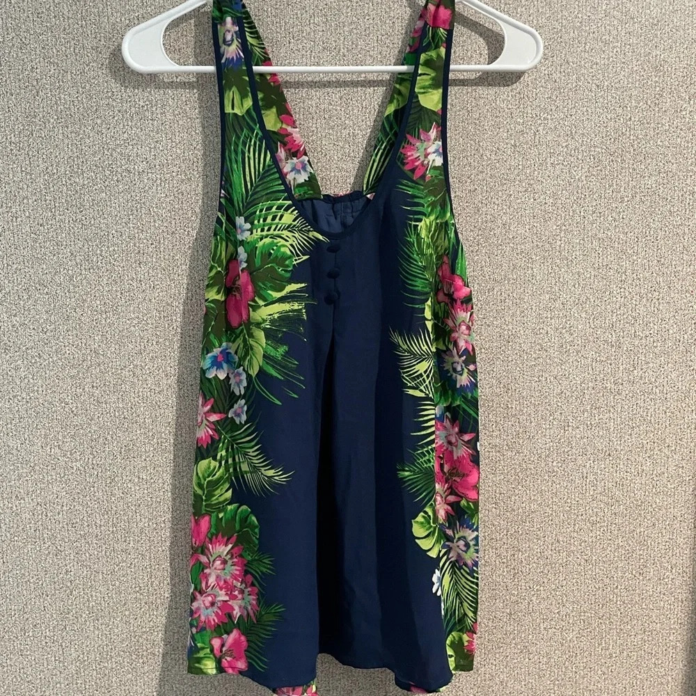 Candies Tropical Floral Sleeveless Top Navy Blue Pink Green Bow Back Size M
